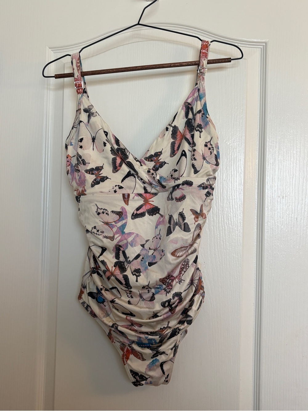 DKNY Butterfly Print Shirred One Piece Swimsuit Size 12 Multicolored FLAWED